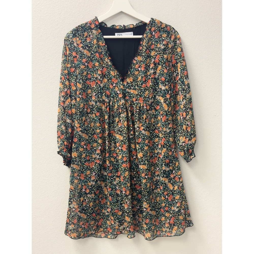 Zara Floral Mini Dress Womens M Black Multicolor V-Neck Chiffon Cottagecore Boho - Picture 2 of 9
